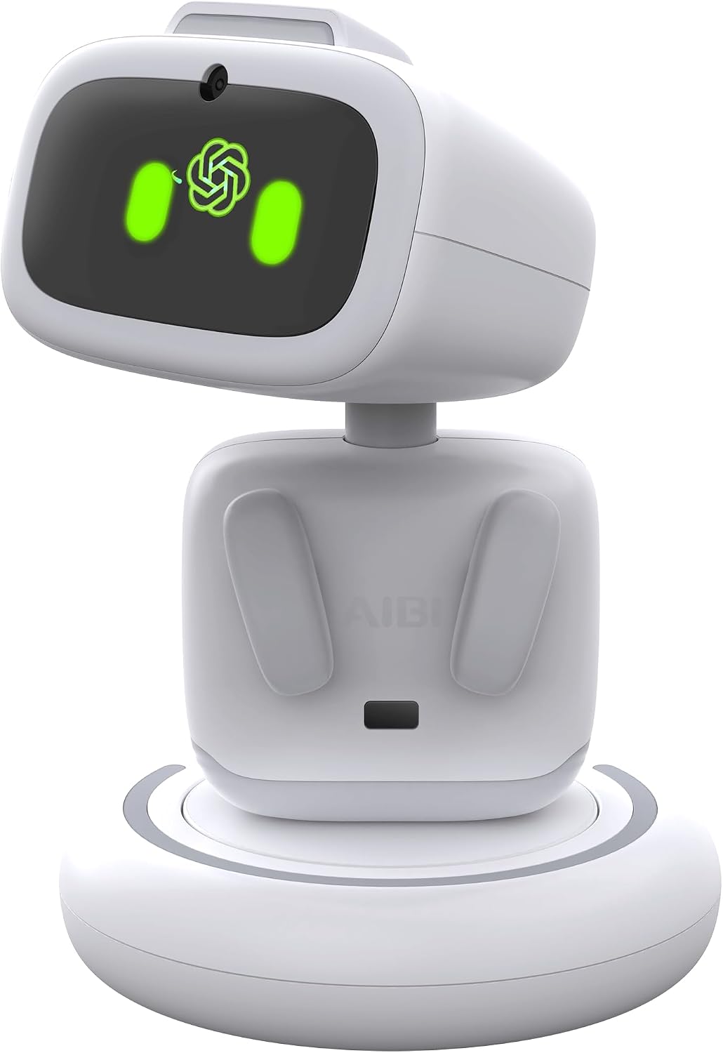 Amazon CDN product photo: white AIBI Pocket on charging base, face display showing ChatGPT-mode animation. Primary pick.