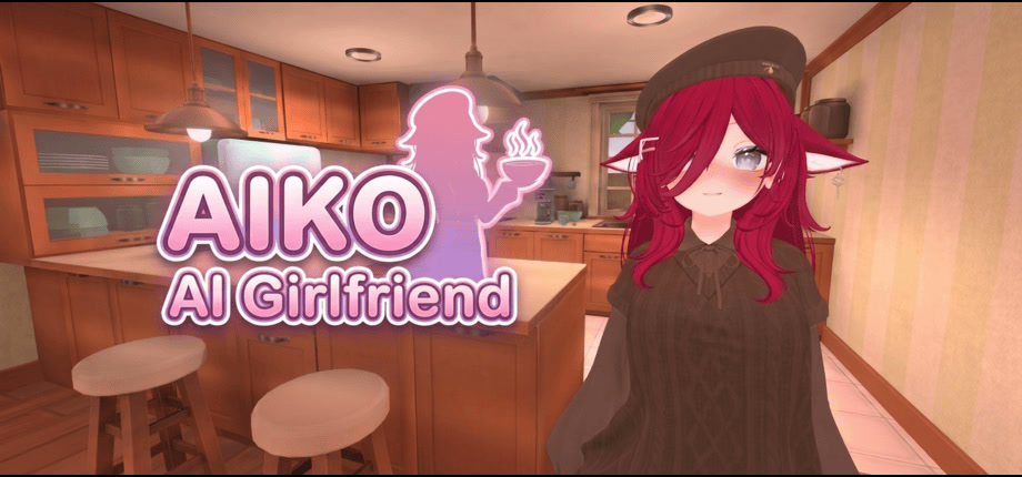 Official itch.io cover art (olympus-studio.itch.io), "AIKO AI Girlfriend" branding over the 3D home. Primary pick.