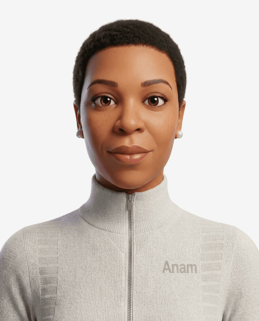 Genuine Anam real-time avatar (from anam.ai's own site imagery — "Anam" watermark on avatar's sweater).