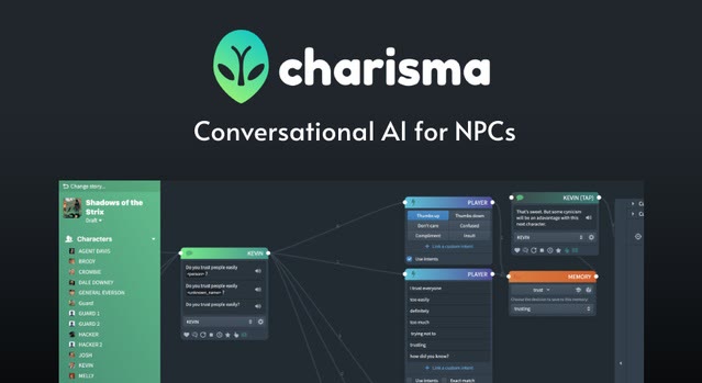 Genuine Charisma "Conversational AI for NPCs" story-editor screenshot (from Charisma Entertainment's Fab seller page).