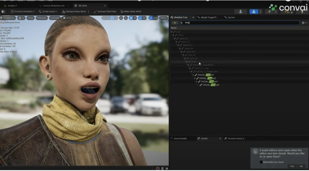 Convai Unreal Engine editor with a custom AI character (skeleton tree / morph targets visible), from Convai's official blog "Create AI