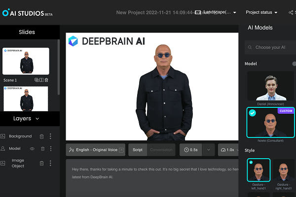 Genuine DeepBrain AI Studios editor screenshot (beta UI with AI avatar and script panel).