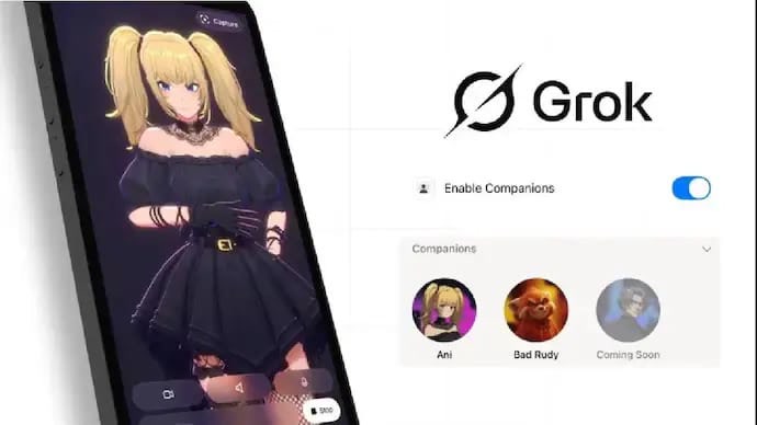 The original Grok "Enable Companions" settings screen showing Ani, Bad Rudy, and "Coming Soon" slots, with Ani rendered in 3D-anime style