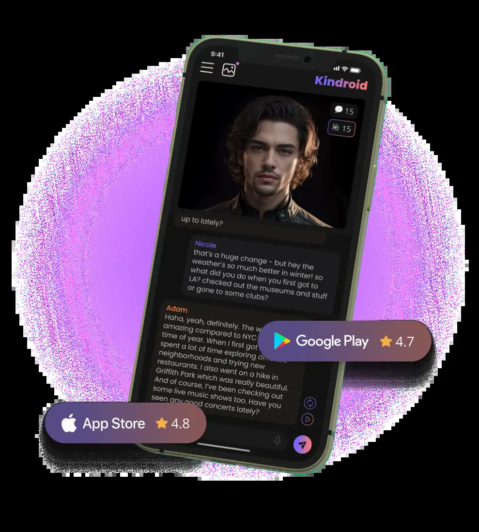 Kindroid's official landing creative (phone mockup with chat UI, App Store 4.8 / Google Play 4.7 badges — self-reported ratings).