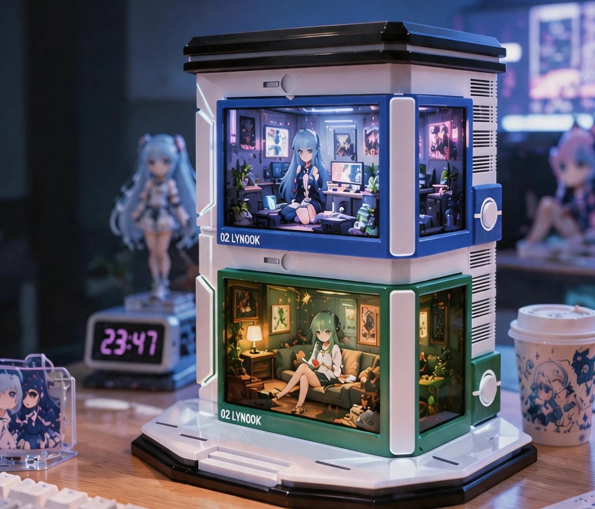 Two stacked LYNOOK 02 units on a desk, each with an anime character living in her own rendered 3D room (blue-haired girl in a neon bedroom,