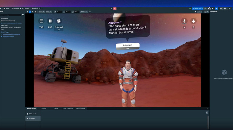 Official Meta press asset (via Engadget): Meta Horizon Worlds Desktop Editor screenshot showing the conversational "Astronaut" NPC with an