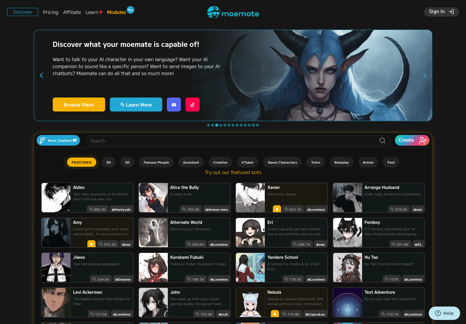A full capture of the moemate.io homepage ("Discover what your moemate is capable of!") showing the Discover/Pricing/Modules nav and the