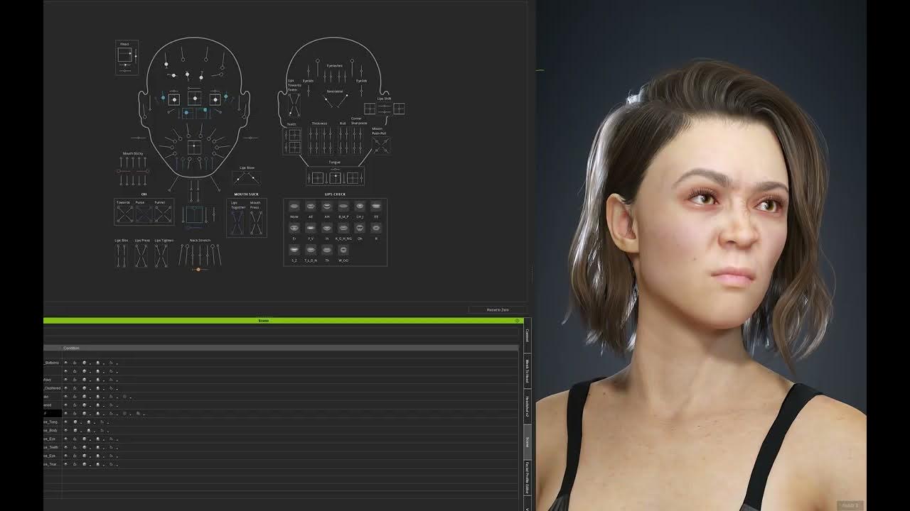 NVIDIA Audio2Face-3D interface animating a photoreal 3D digital human face, with facial rigging/viseme controls visible (YouTube demo