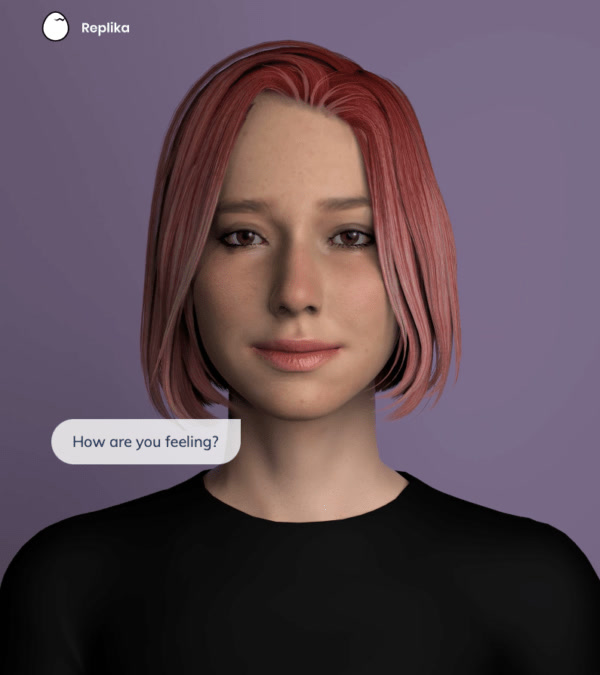 Editorial product shot from a Replika explainer (shapethesky.org, 2024), showing the 3D avatar. Primary pick.