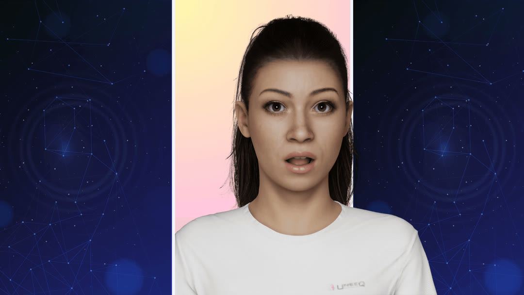 Genuine UneeQ digital-human avatar (UneeQ logo on shirt), from UneeQ's own digitalhumans.com blog (2026 comparison post).